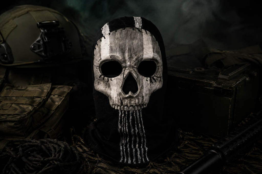 Masque Ghost artisanal imprimé en 3D, peint à la main et cousu à la main sur une cagoule noire. Pièce unique au style tactique avec finition réaliste effet crâne.