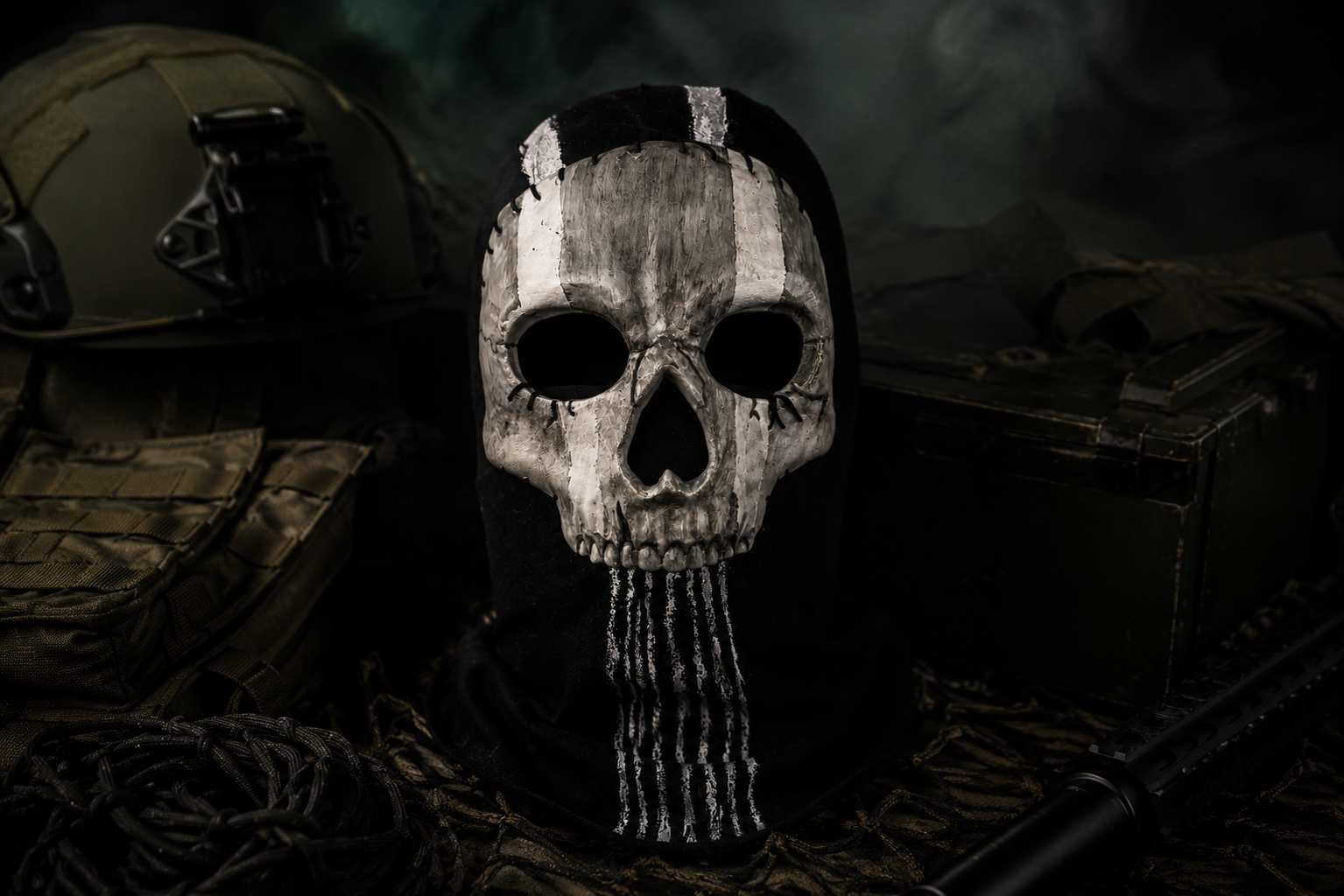 Masque Ghost artisanal imprimé en 3D, peint à la main et cousu à la main sur une cagoule noire. Pièce unique au style tactique avec finition réaliste effet crâne.