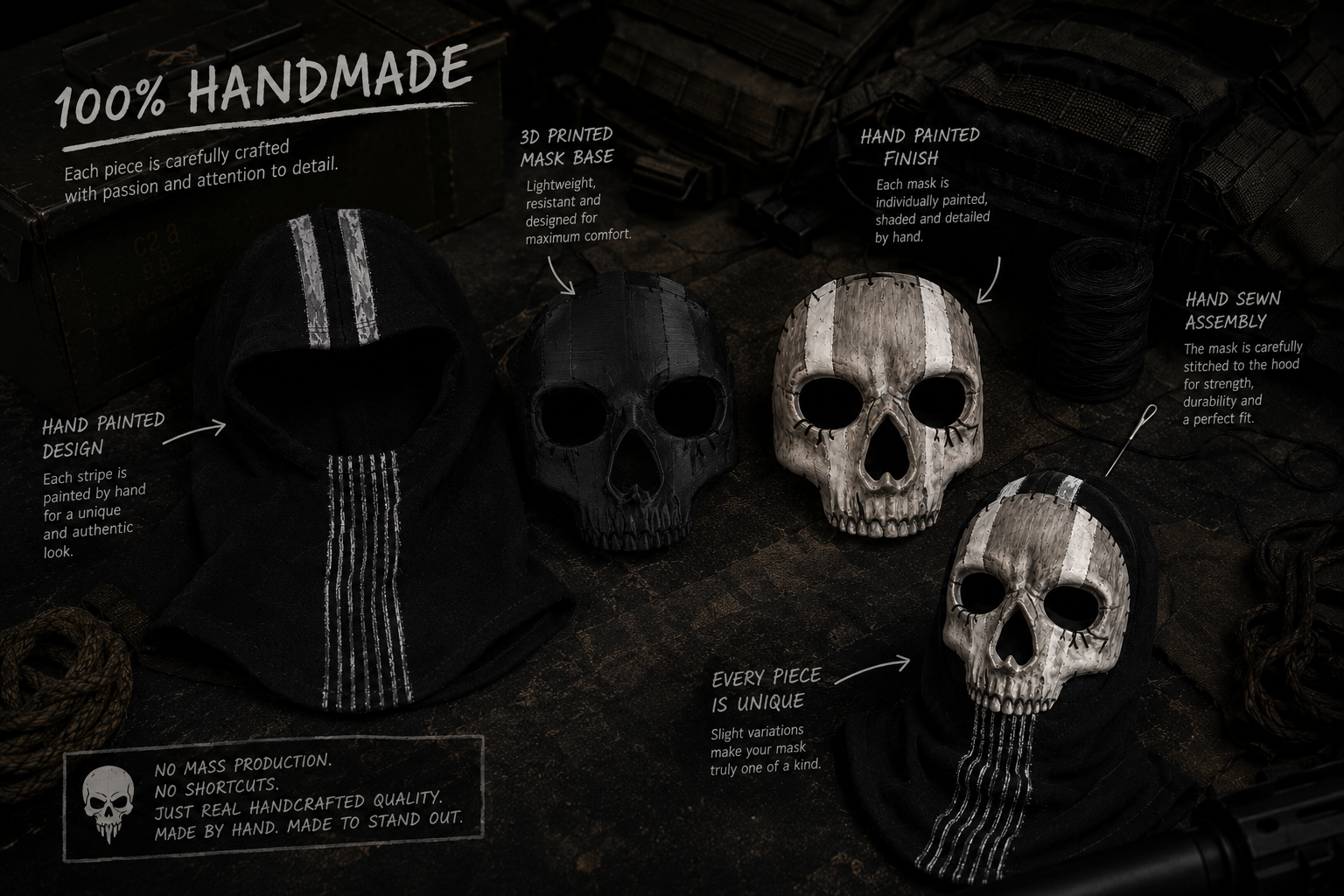 Gros plan sur le masque Ghost artisanal peint à la main et cousu sur une cagoule noire, mettant en valeur les finitions réalistes et la qualité de fabrication.